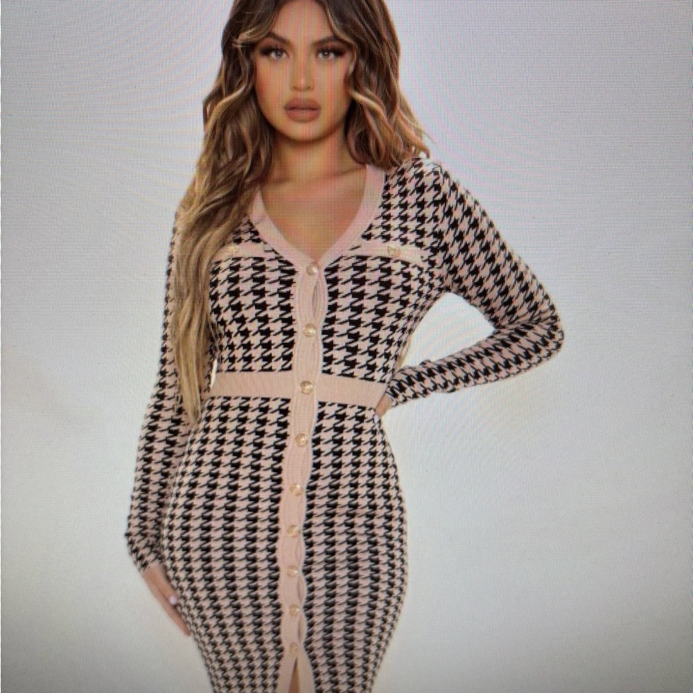 Fashion Nova Black and Cream Houndstooth Dress